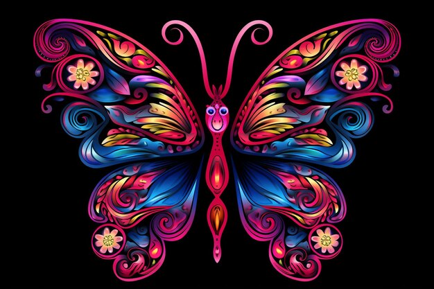 Ein bunter Schmetterling mit rosa und blauen Farben