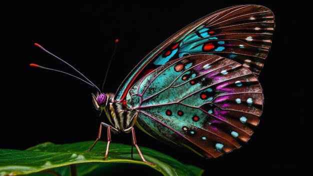 Ein bunter Schmetterling sitzt auf einem Blatt vor schwarzem Hintergrund.