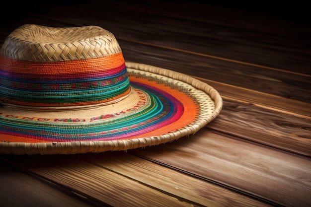 Ein bunter Sombrero-Hut sitzt auf einem Holzboden.