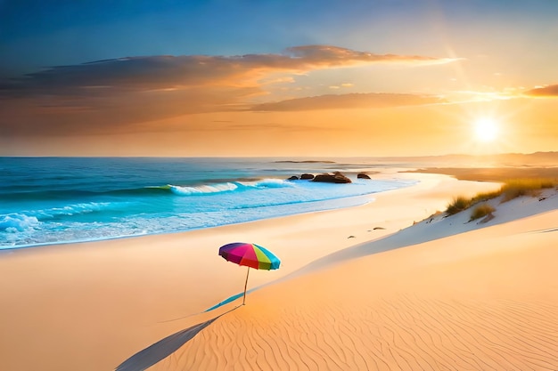 Ein bunter Sonnenschirm steht am Strand, dahinter geht die Sonne unter.