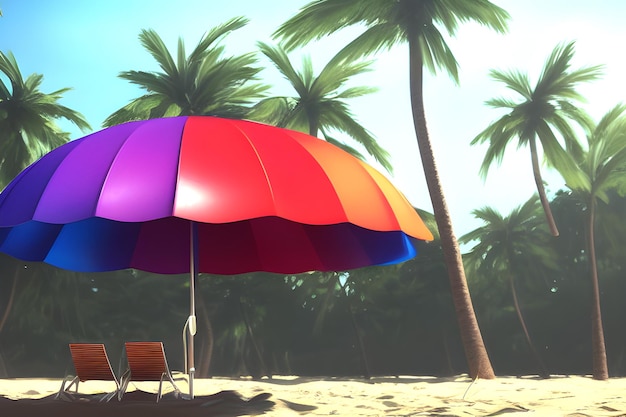 Ein bunter Sonnenschirm steht an einem Strand mit Palmen im Hintergrund.