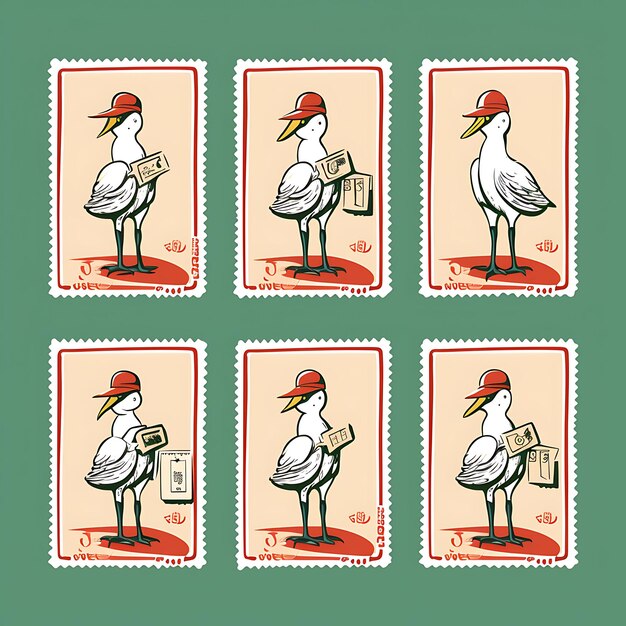 Ein bunter Storchenvogel mit einem Postboten-Anzug, der einen Briefbeutel hält, und eine Idee für eine Briefmarken-Sammlung von Weari-Tieren