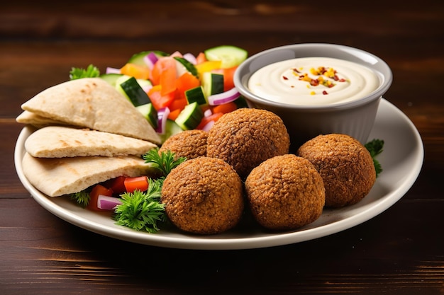 Ein bunter Teller Falafel mit Tahinisauce und Pita