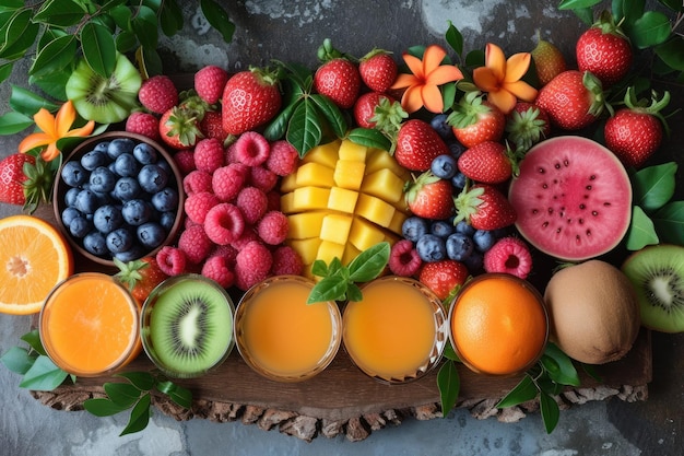 Ein bunter Teller mit frischem Obst und ein Glas Saft auf einem Tisch