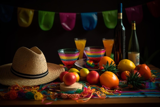 Ein bunter Tisch mit einer bunten mexikanischen Tischdecke und einem bunten Hut.