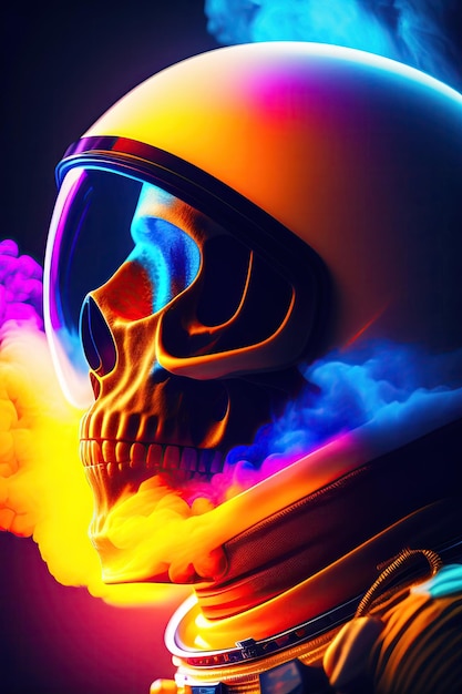 Ein bunter Totenkopf im Weltraumhelm mit blau-orangefarbenem Rauch