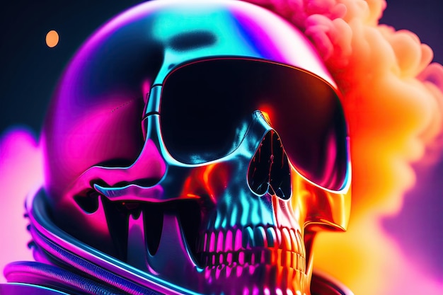 Ein bunter Totenkopf mit neonfarbenem Hintergrund