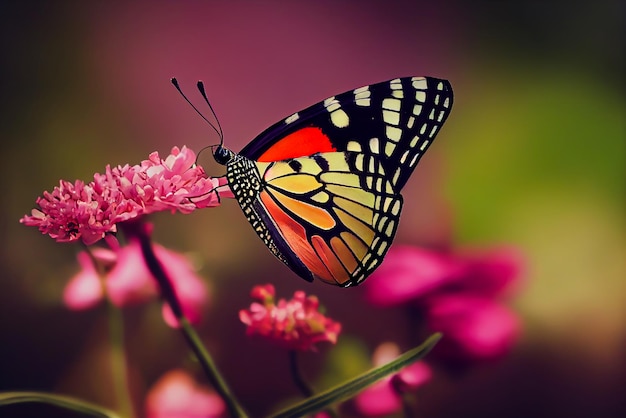 Ein bunter und schöner Schmetterling auf Blume. Natürlicher Hintergrund von Blumen und Schmetterlingen. Platz kopieren