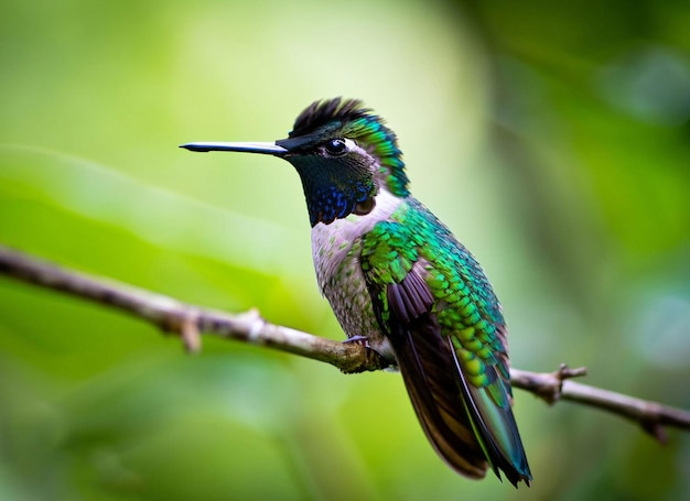 Ein bunter Vogel mit grünen und blauen Federn sitzt auf einem Ast.