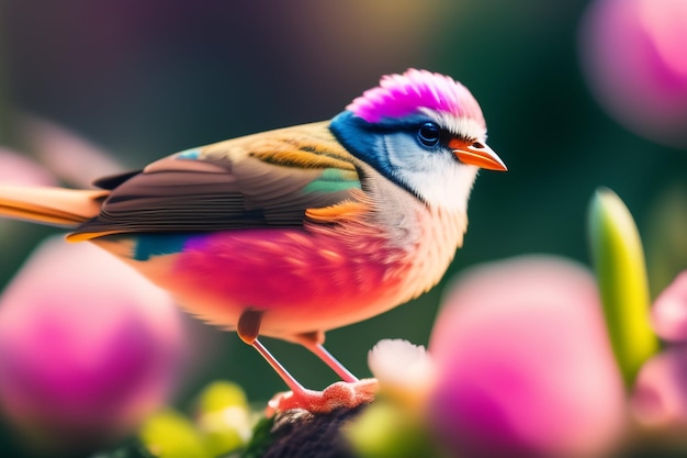 Ein bunter Vogel mit rosafarbenem Kopf und blauen Augen steht auf einem Blumenzweig.