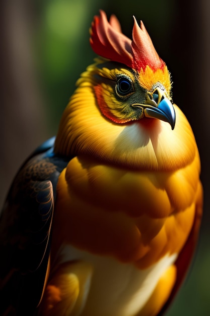 Ein bunter Vogel mit rot-gelbem Kopf und blauen Federn.