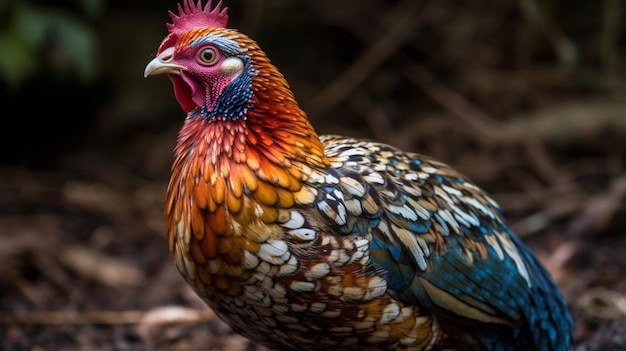 Ein bunter Vogel mit rotem Kopf und blauen Federn