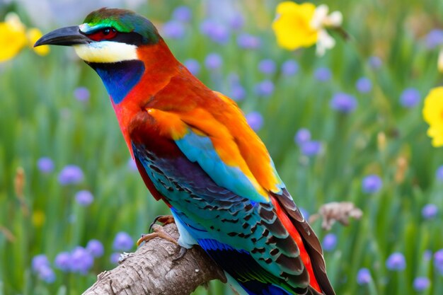 Ein bunter Vogel sitzt auf einem Ast mit Blumen im Hintergrund