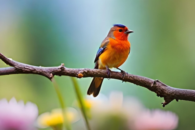 Ein bunter Vogel sitzt auf einem Ast mit verschwommenem Hintergrund.