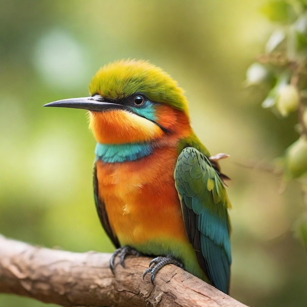 Ein bunter Vogel sitzt auf einem Baumzweig mit verschwommenem Hintergrund.