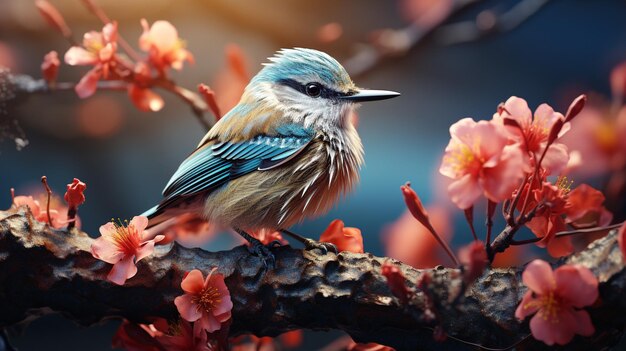 Ein bunter Vogel sitzt auf einem Zweig im Wald mit schönen Blättern und Blumen