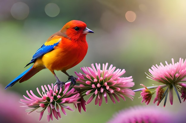 Ein bunter Vogel sitzt auf einer Blume