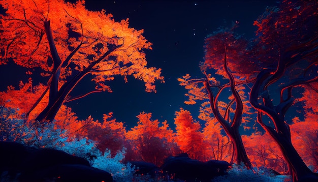 Ein bunter Wald mit blauem Himmel und orange leuchtenden Pflanzen in der Nacht Generative KI