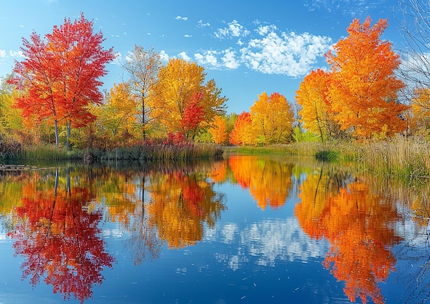 ein bunter Wald mit der Reflexion von Bäumen im Wasser