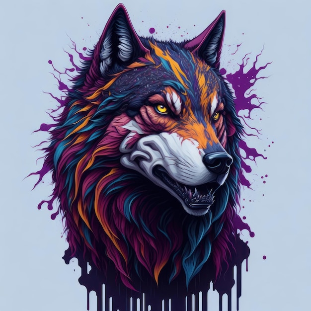 Ein bunter Wolf mit lila Hintergrund und violettem Hintergrund.