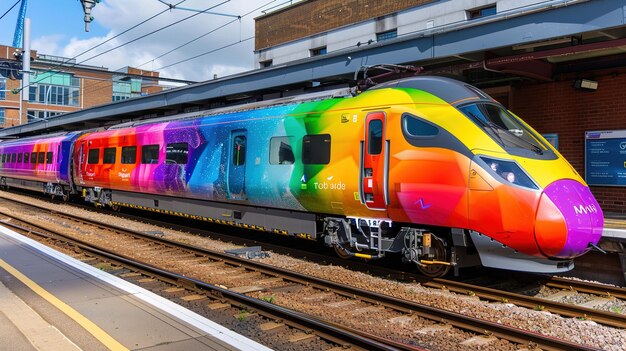 ein bunter Zug mit dem regenbogenfarbigen Graffiti an der Seite