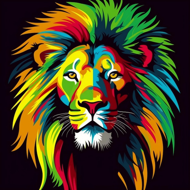 ein buntes Bild eines Löwen mit einer regenbogenfarbenen Mähne.
