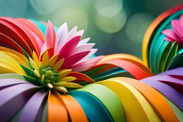 Ein buntes Blumenarrangement mit einem bunten Band in der Mitte.