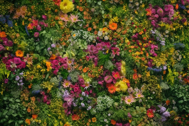 Ein buntes Blumenbeet mit grünem Hintergrund und einer lila Blume am Boden.