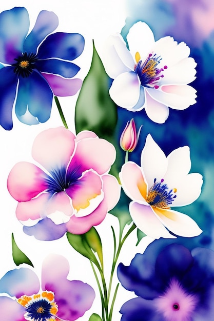 Ein buntes Blumengemälde mit blauem Hintergrund und einer rosa Blume.