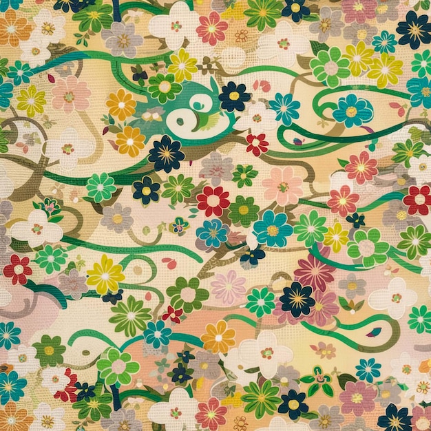 ein buntes Blumenmuster mit einer Schlange oben