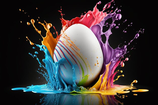 Ein buntes Ei liegt in der Luft und die Farbe kommt vom Regenbogen.