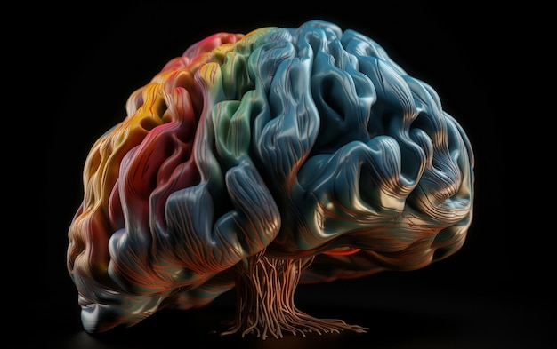 Ein buntes Gehirn mit den Wurzeln des Baumes auf der Unterseite.
