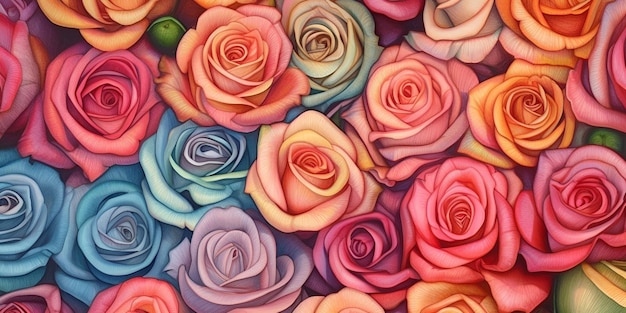 Ein buntes Gemälde von Rosen mit dem Wort Liebe darauf