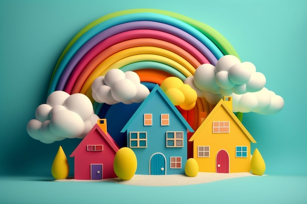 Ein buntes Haus mit einem Regenbogen im Hintergrund