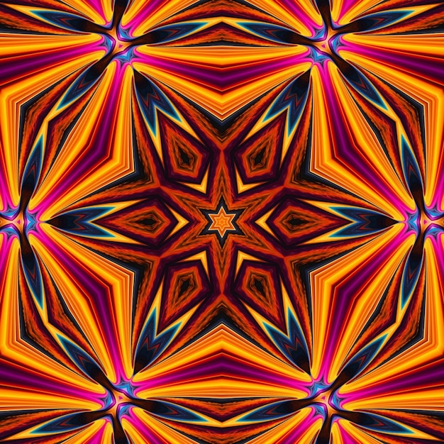 Ein buntes Kaleidoskopmuster mit Sterndesign in Orange, Rosa und Blau.