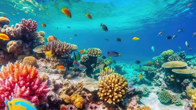 Ein buntes Korallenriff mit Fischen, die im Ozean schwimmen.