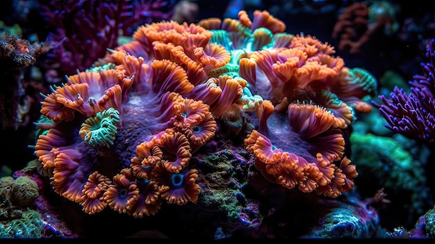 Ein buntes Korallenriff mit schwarzem Hintergrund und blauem Hintergrund.