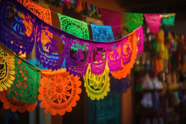Ein buntes mexikanisches Banner hängt in einem Geschäft.