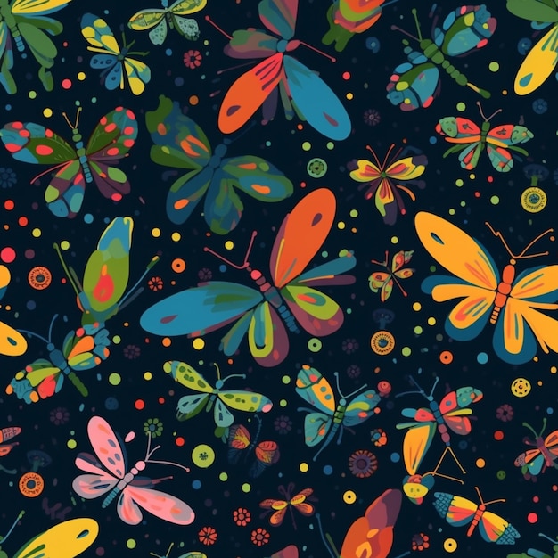 Ein buntes Muster aus Schmetterlingen mit verschiedenen Farben auf dunklem Hintergrund.