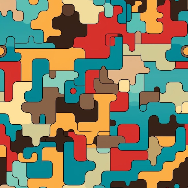 Ein buntes Muster mit Puzzleteilen auf blauem Hintergrund.