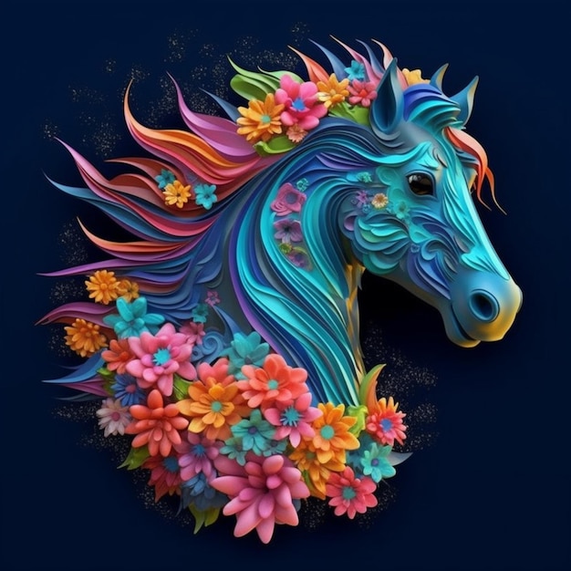 ein buntes Pferd mit Blumen auf dem Kopf generativ ai