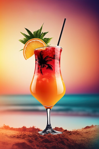 Ein buntes Plakat für einen Cocktail mit einem orangefarbenen und grünen Getränk am Strand.