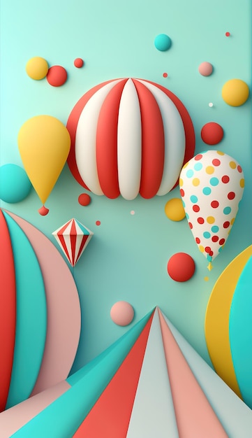 Ein buntes Scherenschnitt-Design mit Luftballons am Himmel.