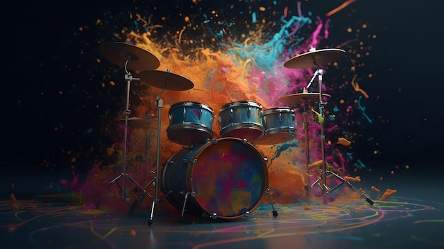 Ein buntes Schlagzeug mit schwarzem Hintergrund und einem schwarzen Hintergrund mit einem bunten Farbspritzer.