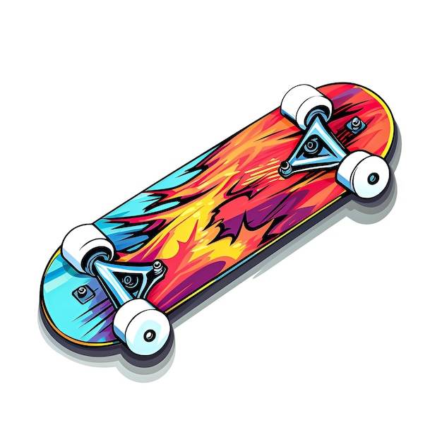 Ein buntes Skateboard mit Flammen auf der Unterseite.