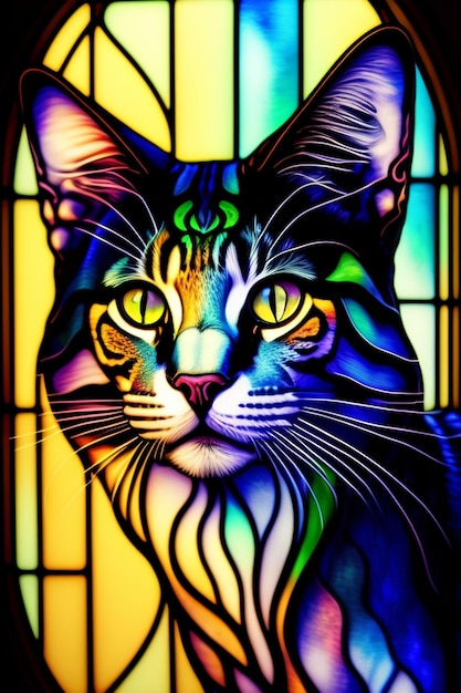 Ein Buntglasfenster mit dem Gesicht einer Katze und dem Wort „Katze“ darauf.