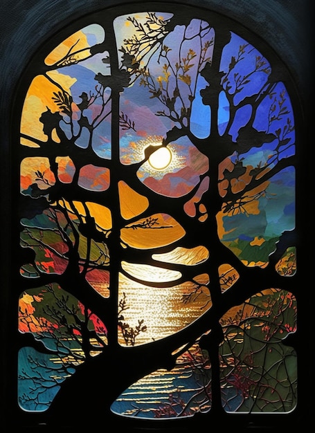 Ein Buntglasfenster mit einem Sonnenuntergang und Bäumen im Hintergrund.