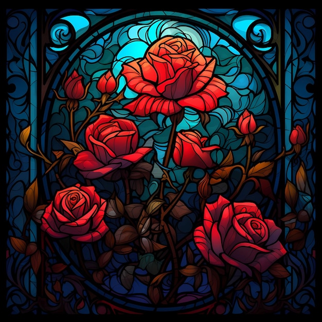 Ein Buntglasfenster mit Rosen und Blättern.
