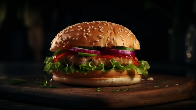 Ein Burger mit Brötchen und Salat darauf