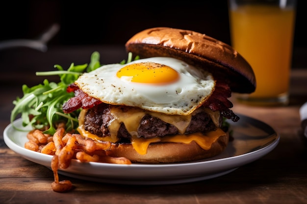 Ein Burger mit Ei drauf und dazu ein Glas Bier